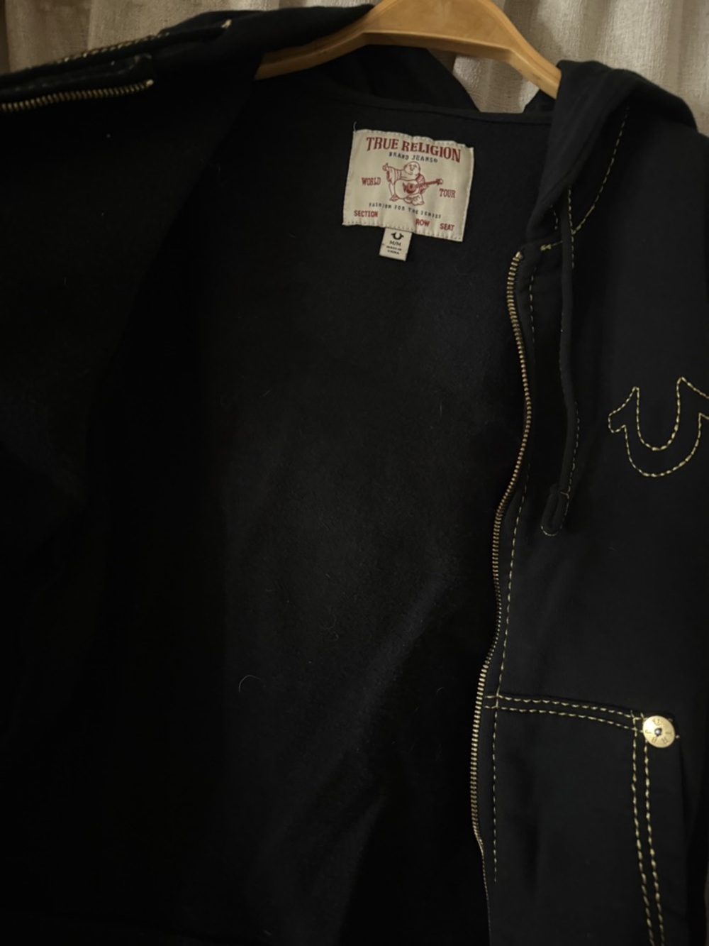 True Religion Black Hoodie with Gold Contrast Stitching